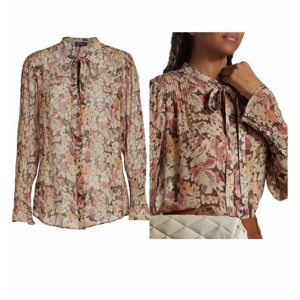 Polo Ralph Lauren Dark Floral Crepe Georgette Tie-Neck Blouse Layering Top Sz 16